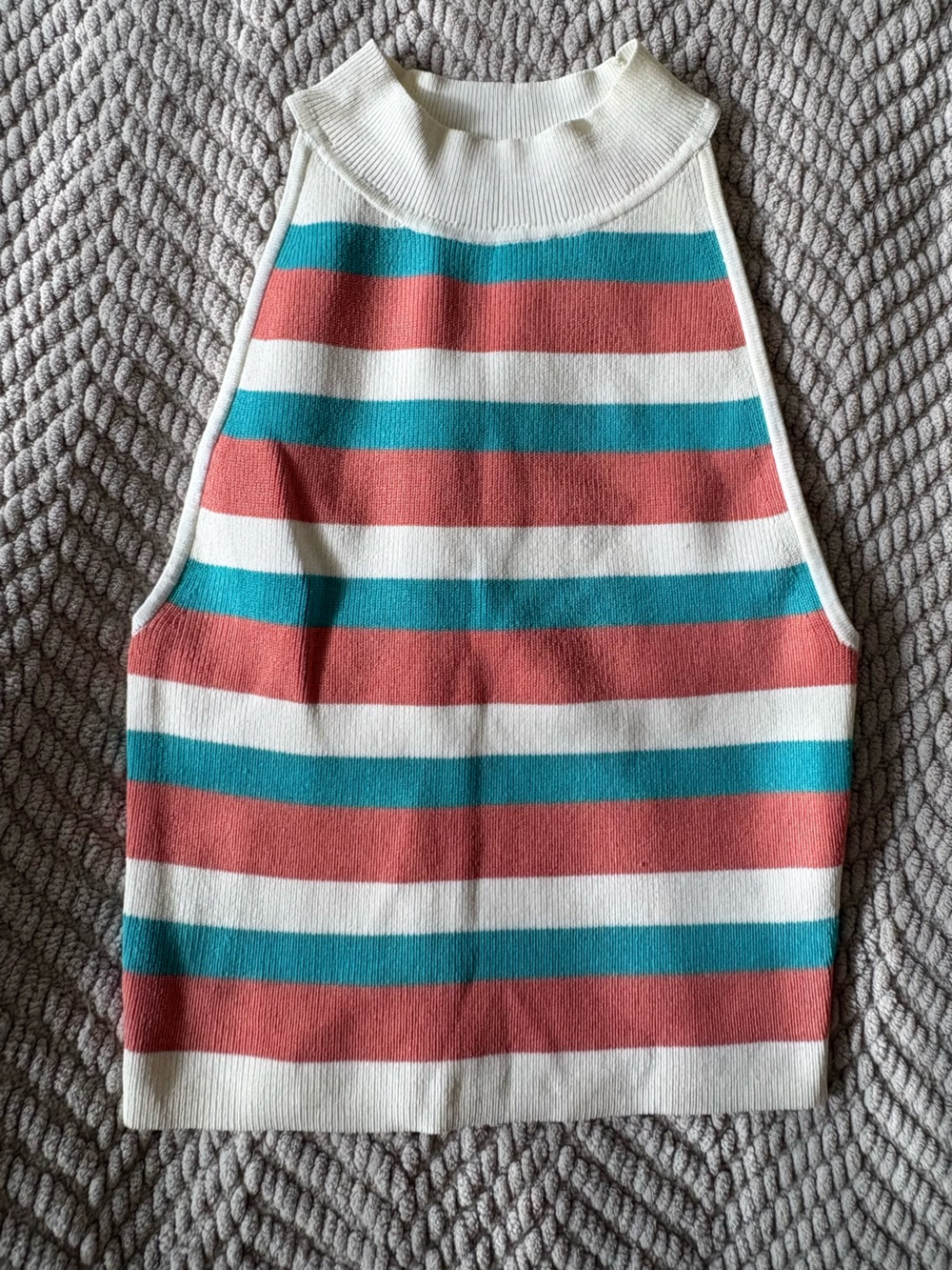 Babaton White Ribbed Tank with Teal and Coral Stripes